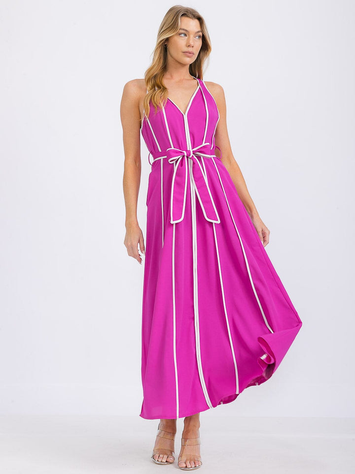 WOMEN'S SLEEVELESS V-NECK SELF TIE FRONT POCKETS COLORBLOCK MAXI DRESS