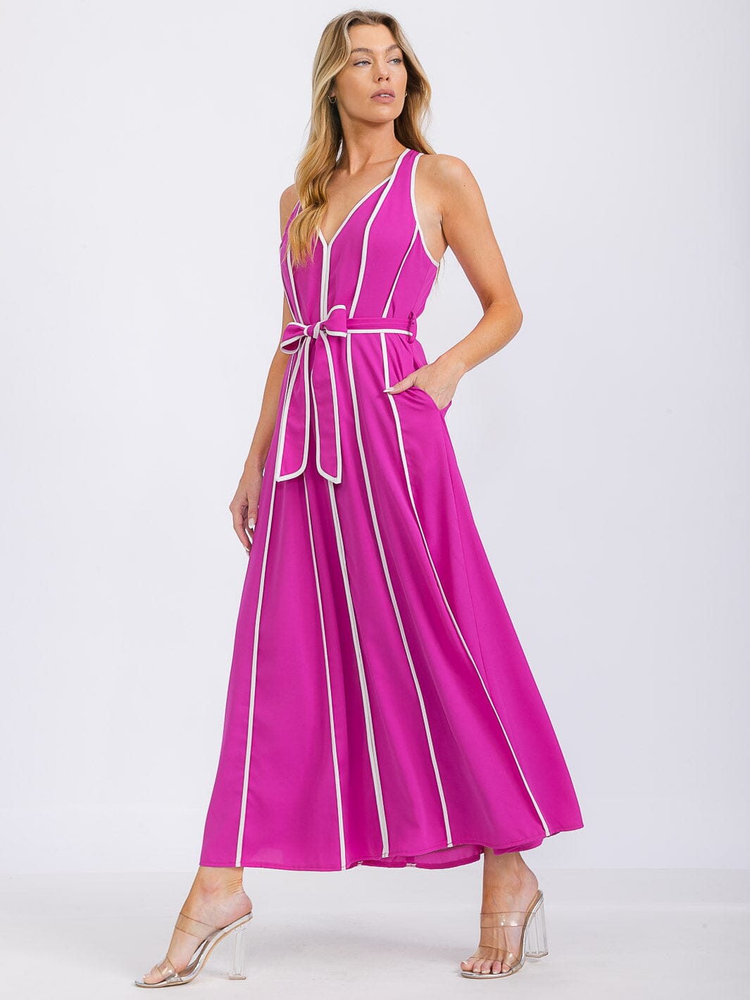 WOMEN'S SLEEVELESS V-NECK SELF TIE FRONT POCKETS COLORBLOCK MAXI DRESS