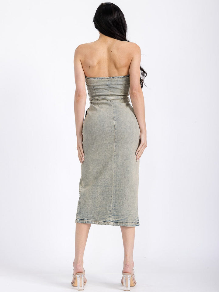 WOMEN'S SLEEVELESS ZIP UP FRONT POCKETS BODYCON DENIM TUBE MIDI DRESS