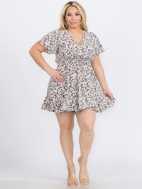 PLUS SIZE SHORT SLEEVES SURPLICE ANIMAL PRINT MINI DRESS