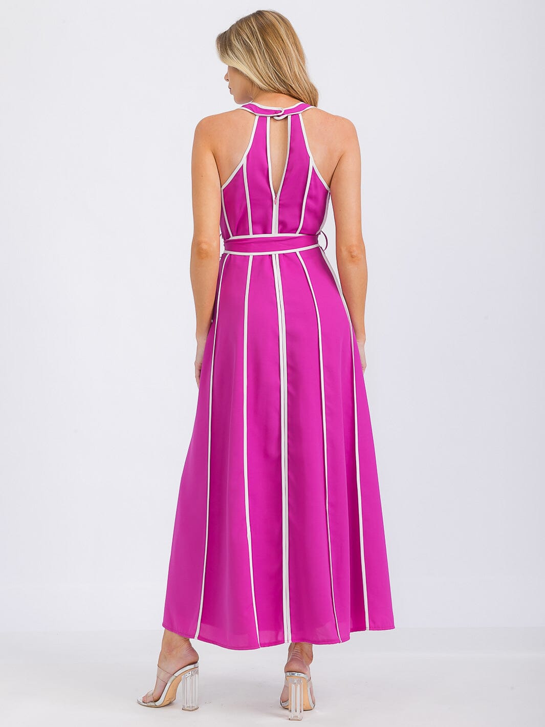 WOMEN'S SLEEVELESS V-NECK SELF TIE FRONT POCKETS COLORBLOCK MAXI DRESS