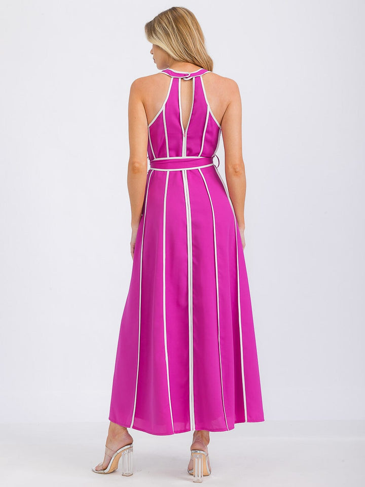 WOMEN'S SLEEVELESS V-NECK SELF TIE FRONT POCKETS COLORBLOCK MAXI DRESS