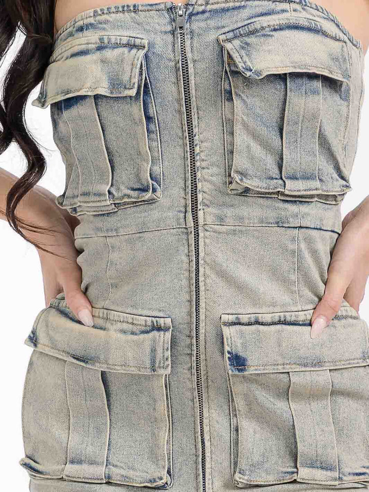 WOMEN'S SLEEVELESS ZIP UP FRONT POCKETS BODYCON DENIM TUBE MIDI DRESS