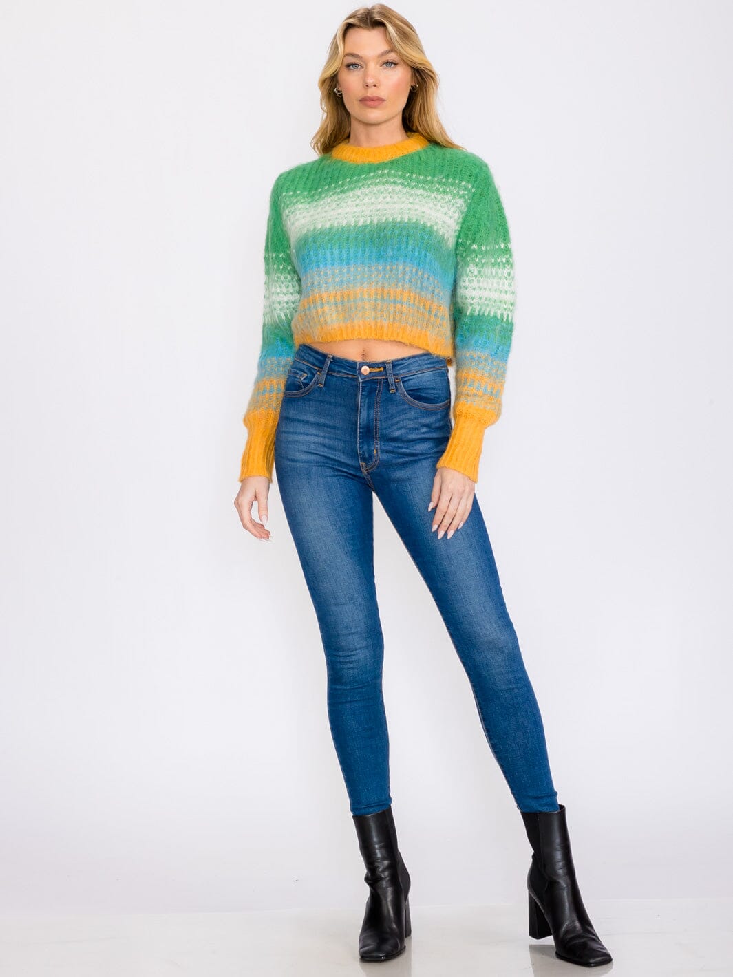 WOMEN'S LONG SLEEVES COLORBLOCK FUZZY PULLOVER SWEATER