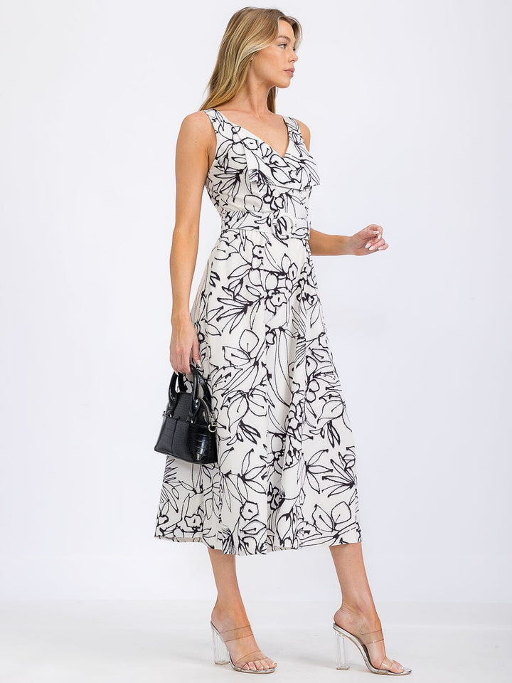 WOMEN'S SLEEVELESS V-NECK FRONT POCKETS FLORAL MAXI DRESS