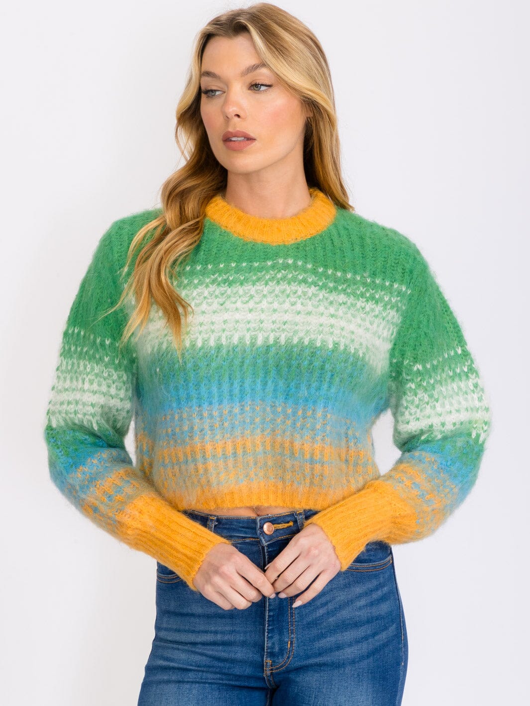 WOMEN'S LONG SLEEVES COLORBLOCK FUZZY PULLOVER SWEATER