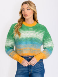 WOMEN'S LONG SLEEVES COLORBLOCK FUZZY PULLOVER SWEATER