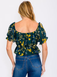 WOMEN'S SHORT SLEEVE ELASTIC WAIST FLORAL PRINT TOP