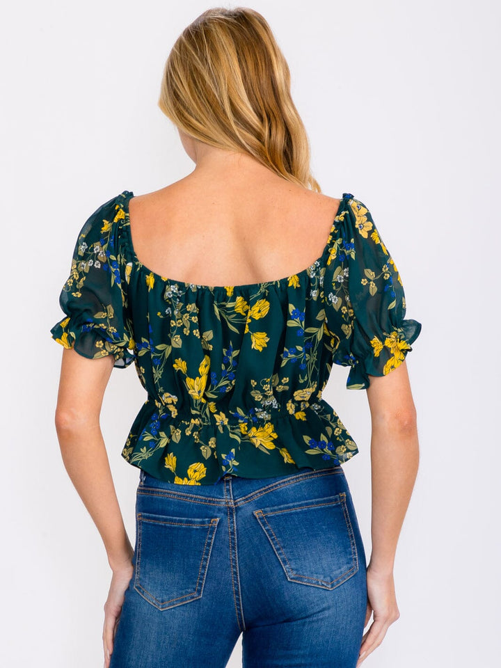 WOMEN'S SHORT SLEEVE ELASTIC WAIST FLORAL PRINT TOP