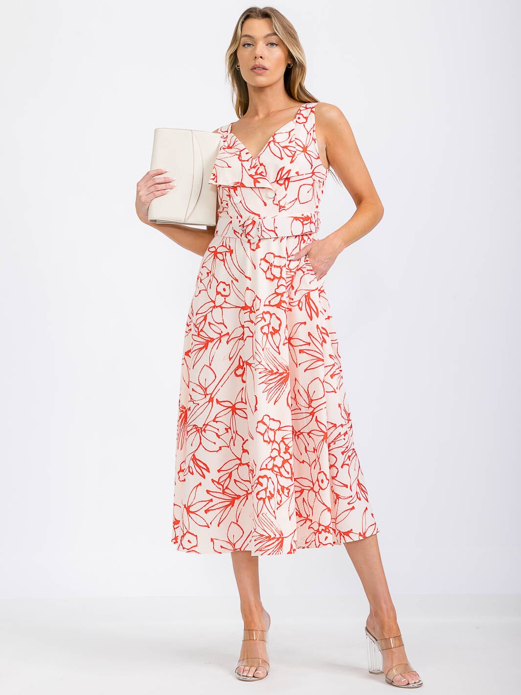 WOMEN'S SLEEVELESS V-NECK FRONT POCKETS FLORAL MAXI DRESS