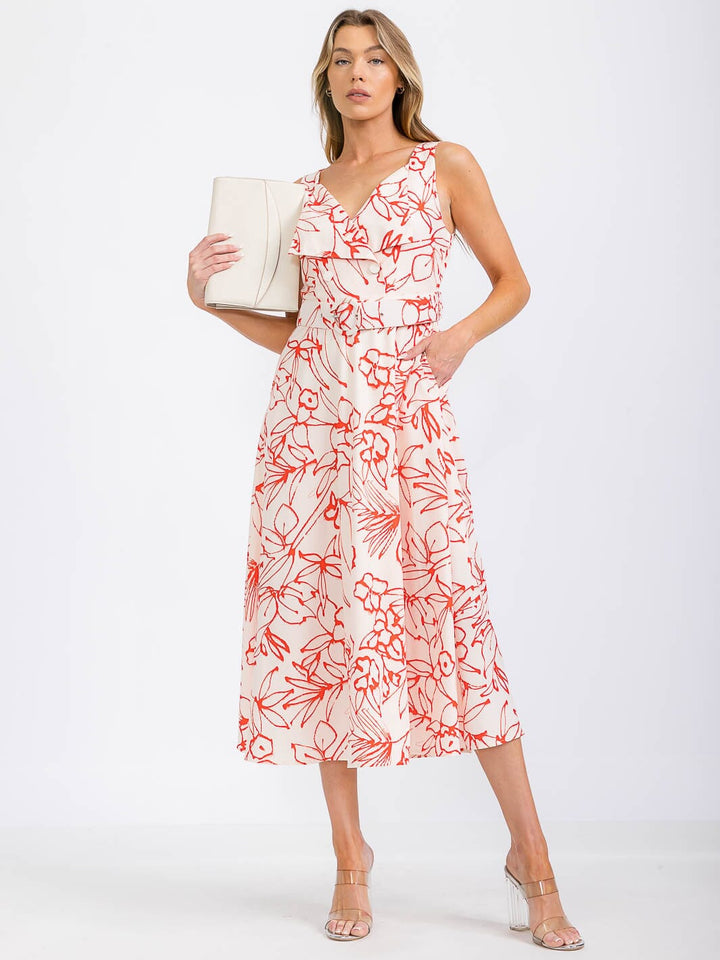 WOMEN'S SLEEVELESS V-NECK FRONT POCKETS FLORAL MAXI DRESS