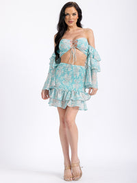 WOMEN'S RUFFLE SLEEVES CROP TOP & SMOCK MINI SKIRT FLORAL 2PC. SET