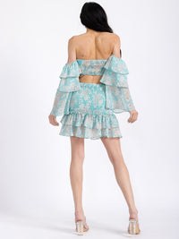 WOMEN'S RUFFLE SLEEVES CROP TOP & SMOCK MINI SKIRT FLORAL 2PC. SET