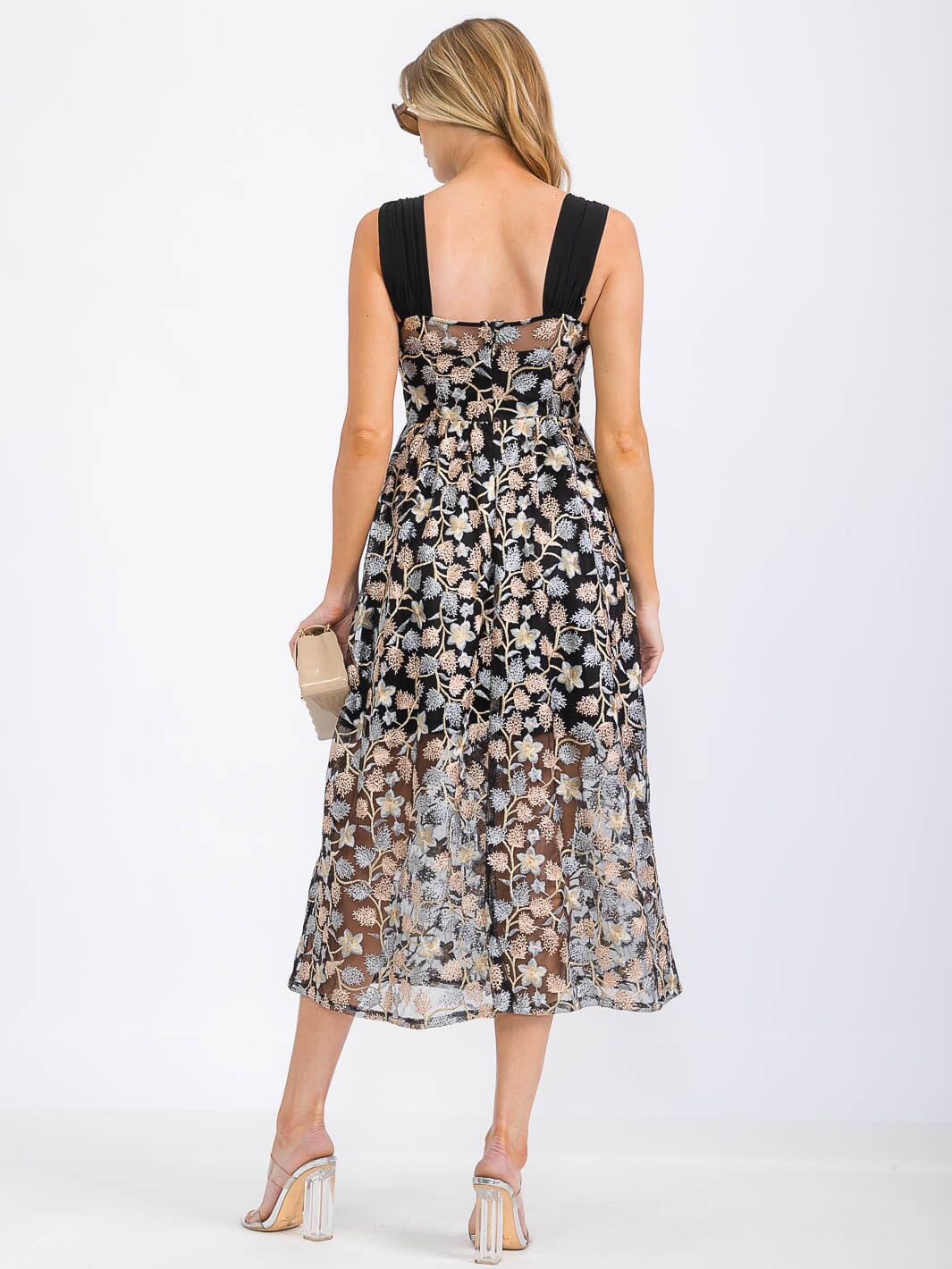 WOMEN'S SLEEVELESS EMBROIDERY FLORAL PRINT MIDI DRESS