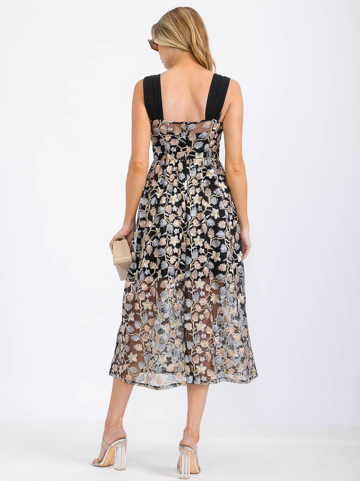 WOMEN'S SLEEVELESS EMBROIDERY FLORAL PRINT MIDI DRESS