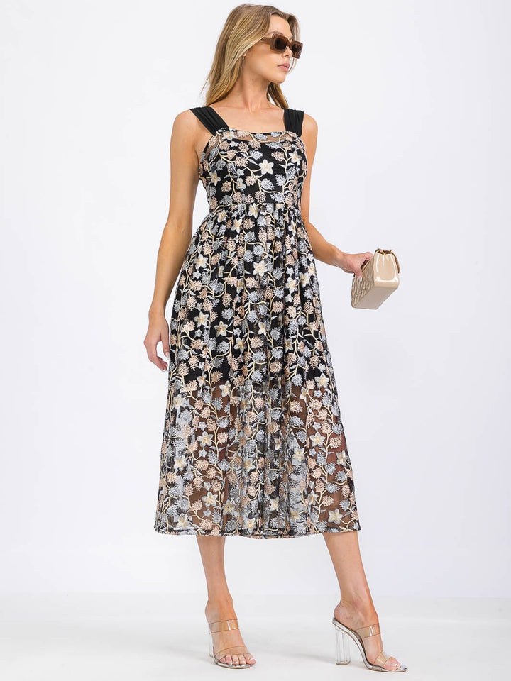 WOMEN'S SLEEVELESS EMBROIDERY FLORAL PRINT MIDI DRESS