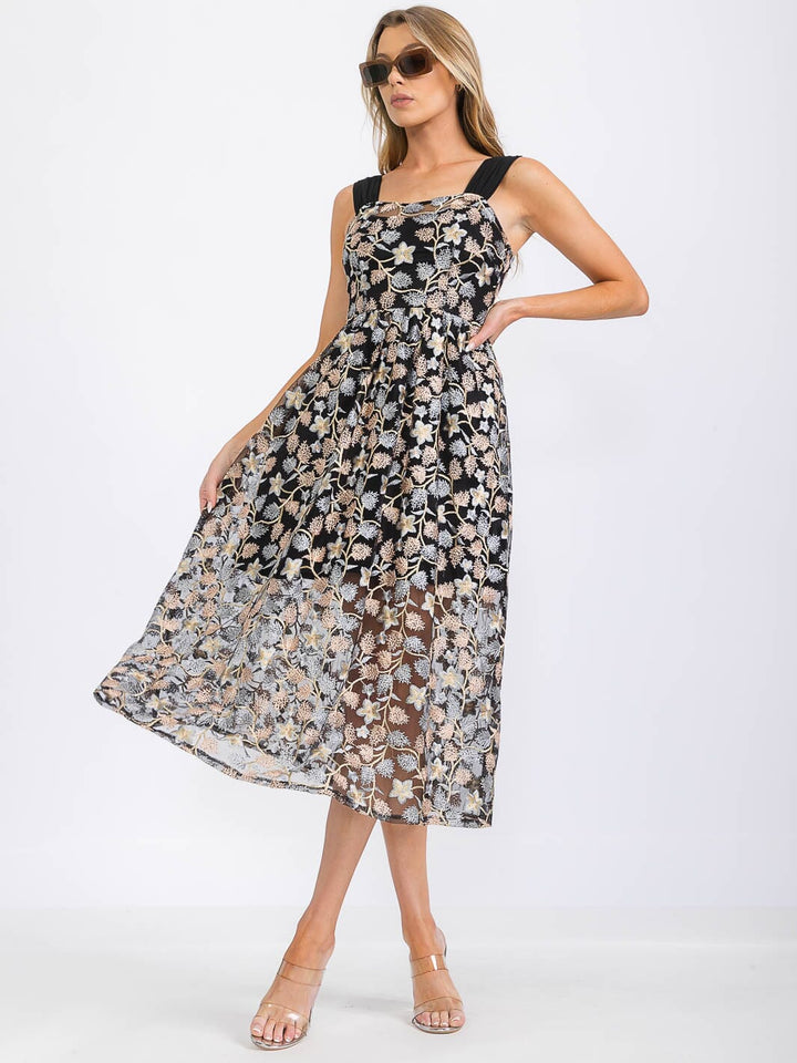 WOMEN'S SLEEVELESS EMBROIDERY FLORAL PRINT MIDI DRESS