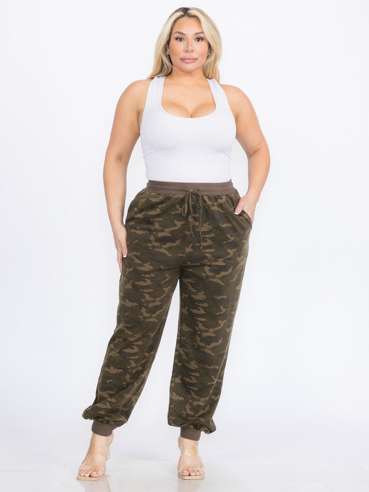 PLUS SIZE ELASTIC WAIST SELF TIE POCKETS ANIMAL PRINT JOGGER PANTS