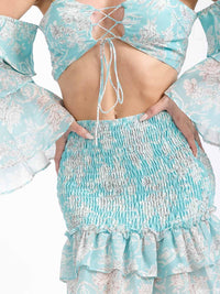 WOMEN'S RUFFLE SLEEVES CROP TOP & SMOCK MINI SKIRT FLORAL 2PC. SET