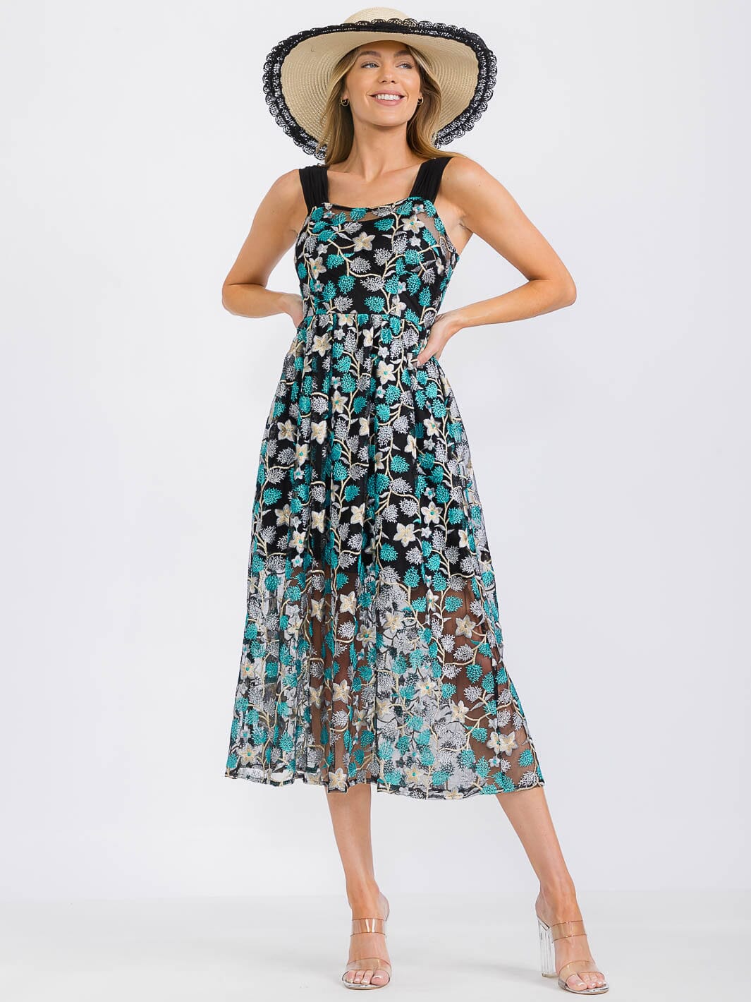 WOMEN'S SLEEVELESS EMBROIDERY FLORAL PRINT MIDI DRESS