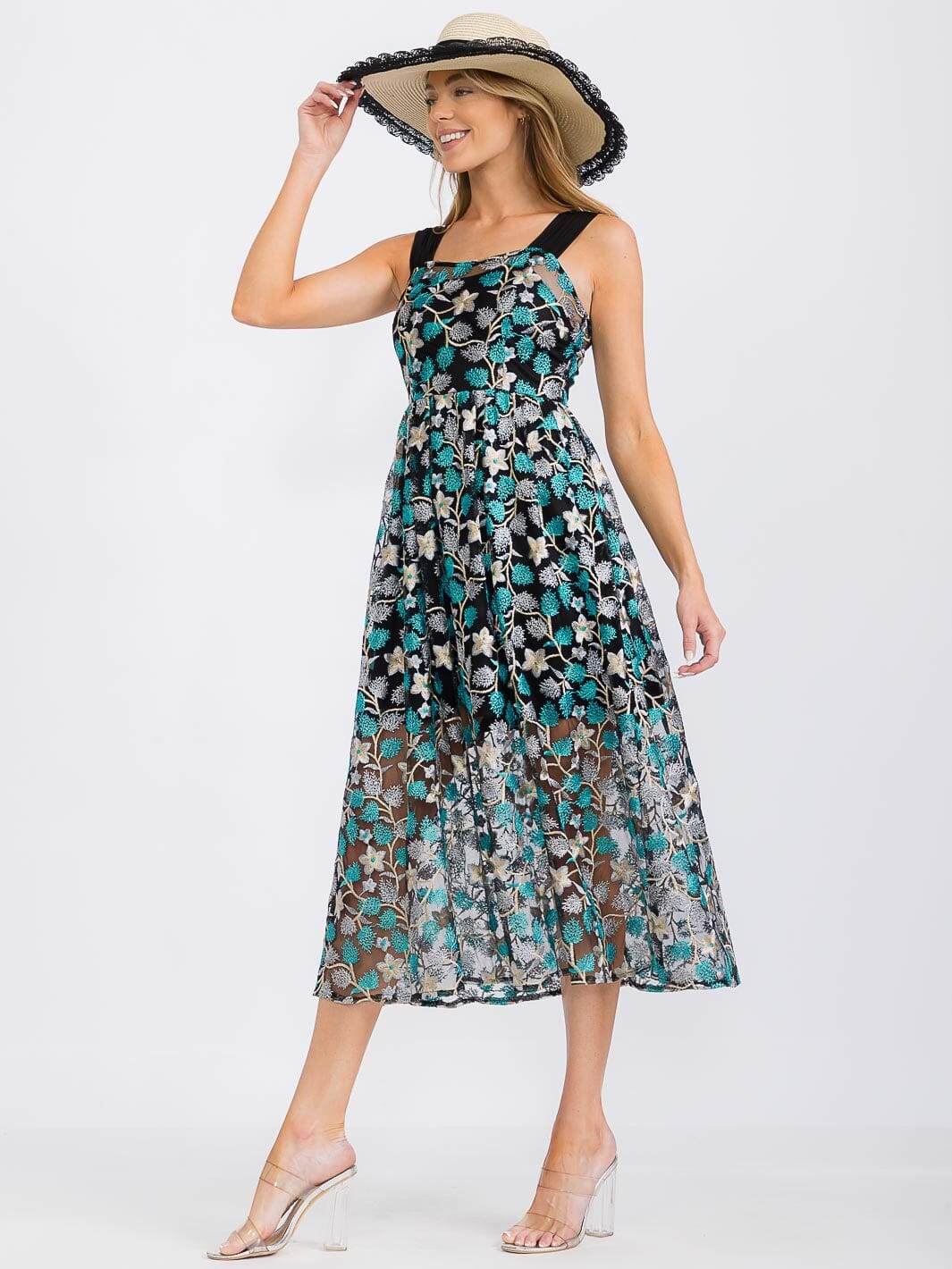 WOMEN'S SLEEVELESS EMBROIDERY FLORAL PRINT MIDI DRESS