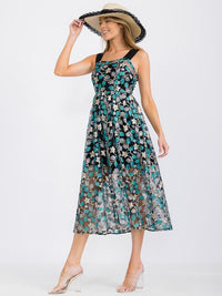 WOMEN'S SLEEVELESS EMBROIDERY FLORAL PRINT MIDI DRESS