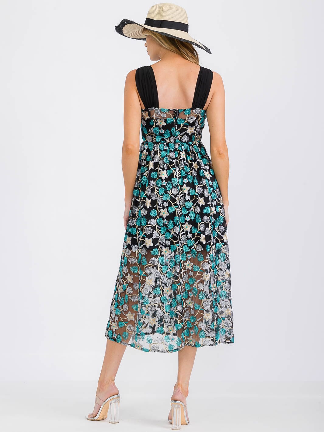 WOMEN'S SLEEVELESS EMBROIDERY FLORAL PRINT MIDI DRESS
