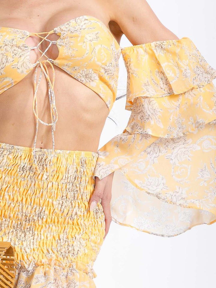 WOMEN'S RUFFLE SLEEVES CROP TOP & SMOCK MINI SKIRT FLORAL 2PC. SET