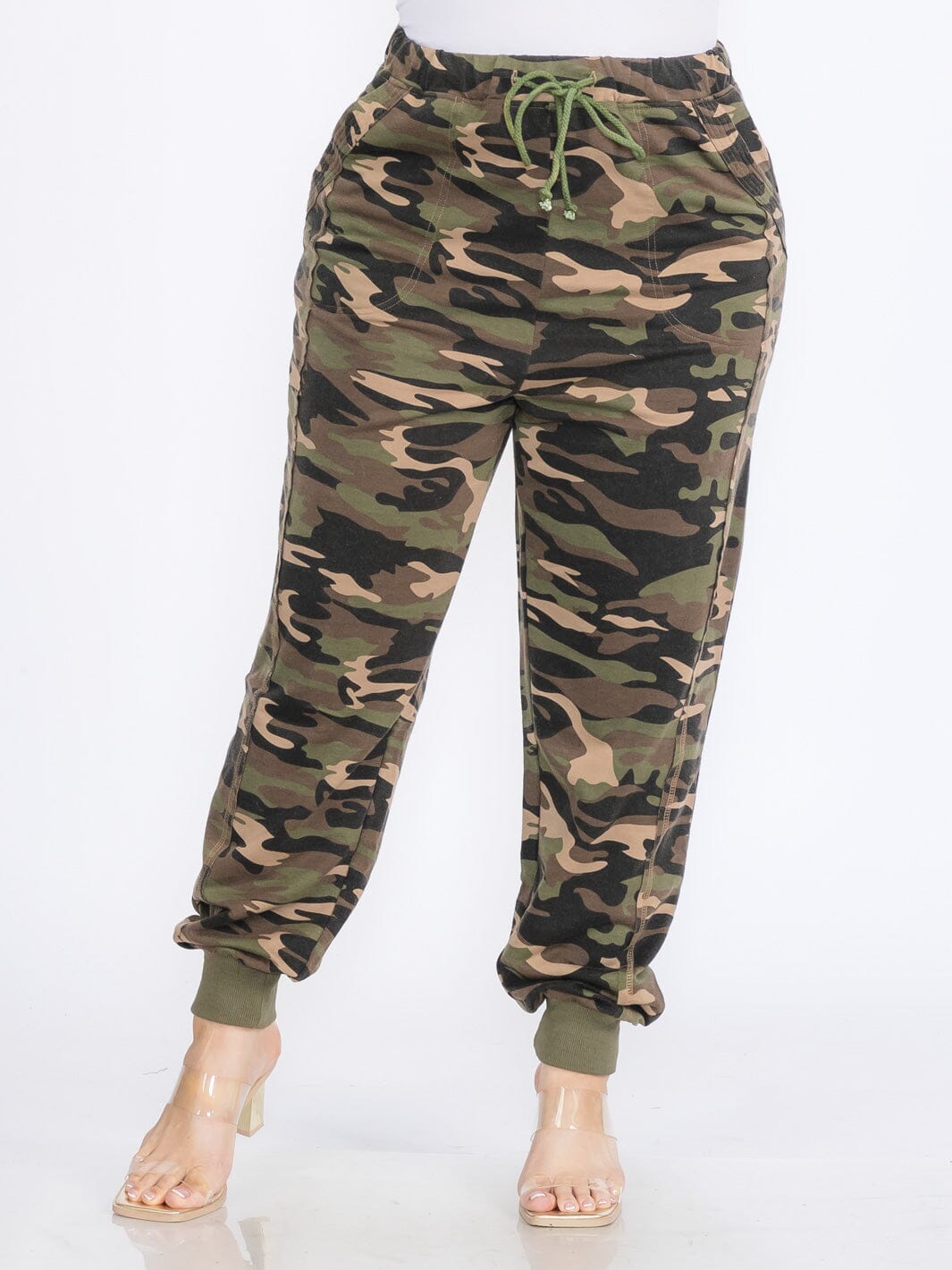 PLUS SIZE ELASTIC WAIST SELF TIE POCKETS CAMO PRINT JOGGER PANTS