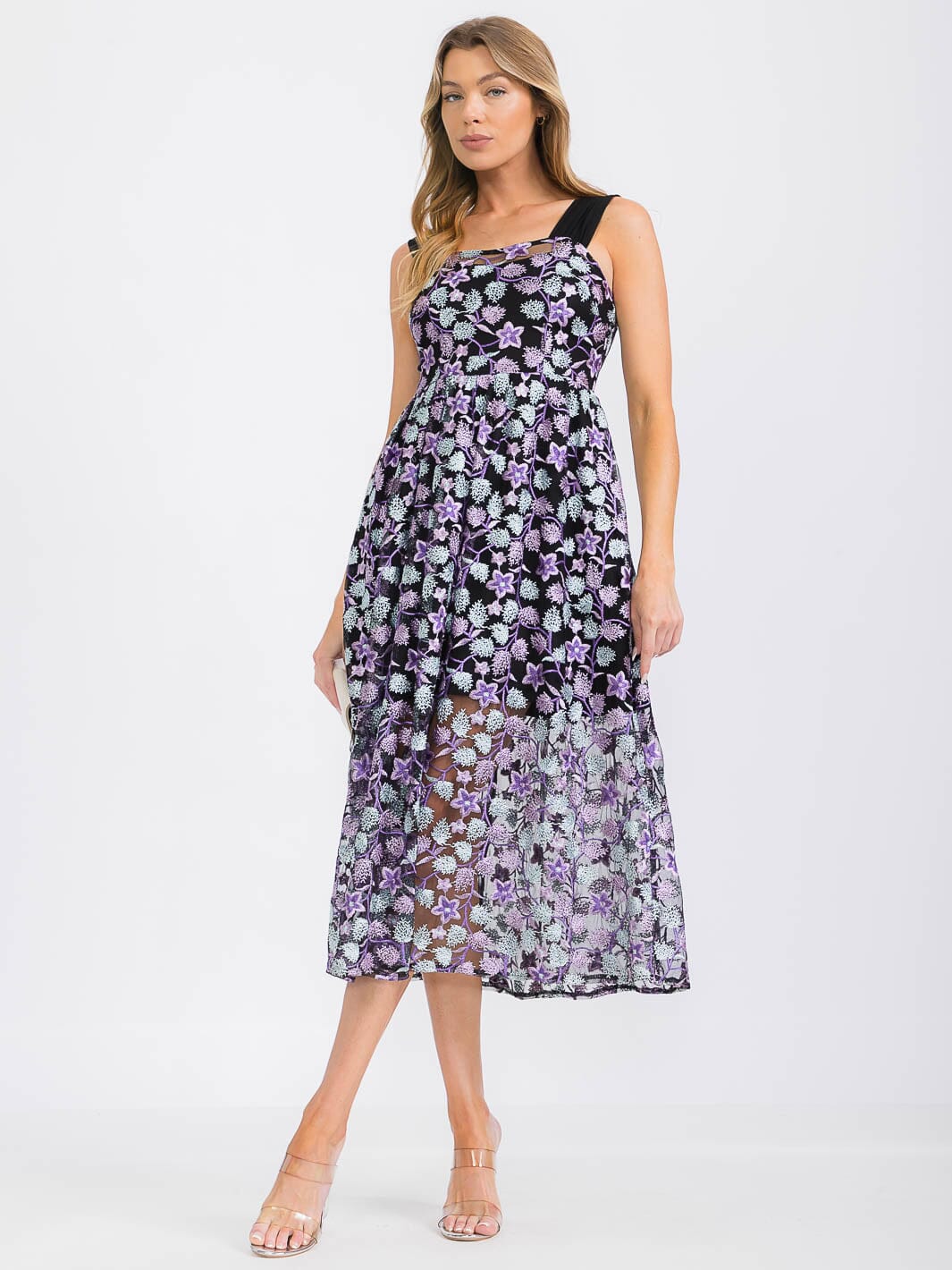 WOMEN'S SLEEVELESS EMBROIDERY FLORAL PRINT MIDI DRESS