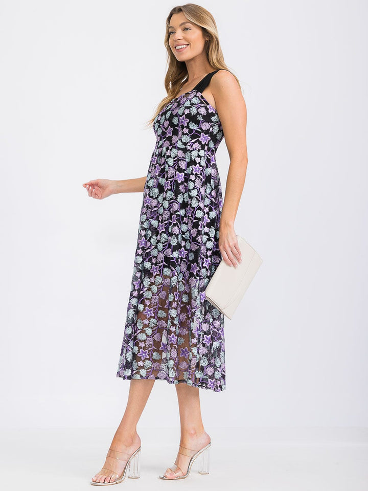 WOMEN'S SLEEVELESS EMBROIDERY FLORAL PRINT MIDI DRESS