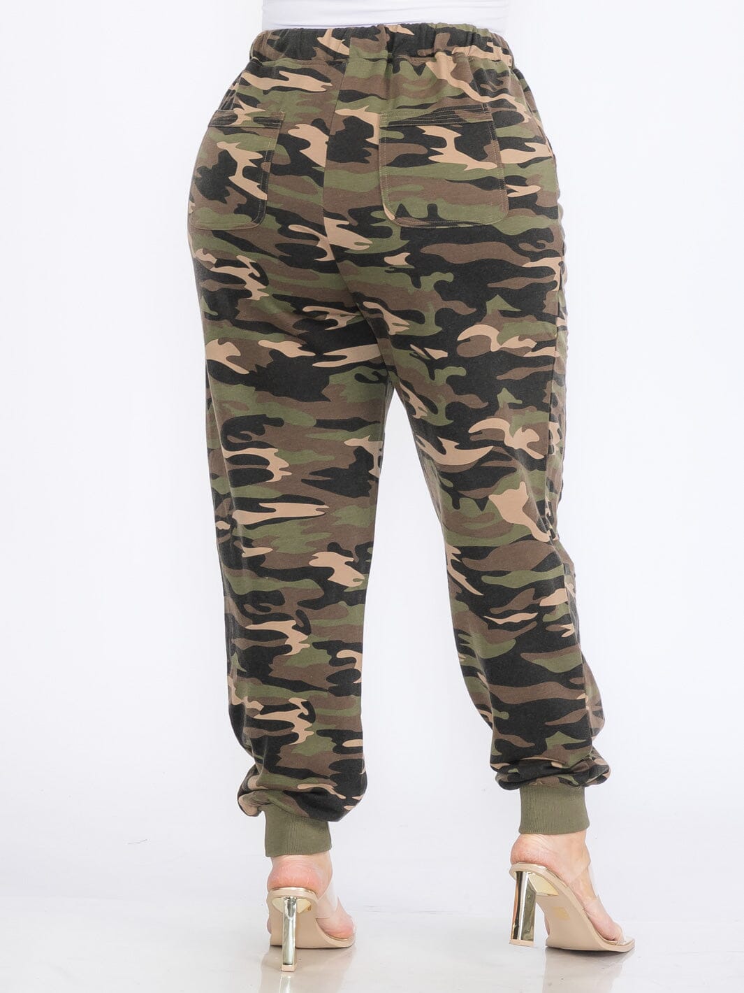 PLUS SIZE ELASTIC WAIST SELF TIE POCKETS CAMO PRINT JOGGER PANTS