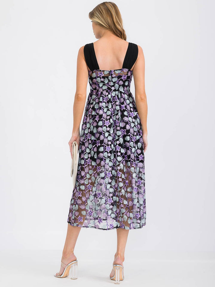 WOMEN'S SLEEVELESS EMBROIDERY FLORAL PRINT MIDI DRESS