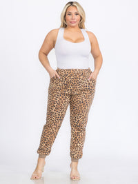 PLUS SIZE ELASTIC WAIST FRONT POCKETS ANIMAL PRINT JOGGER PANTS