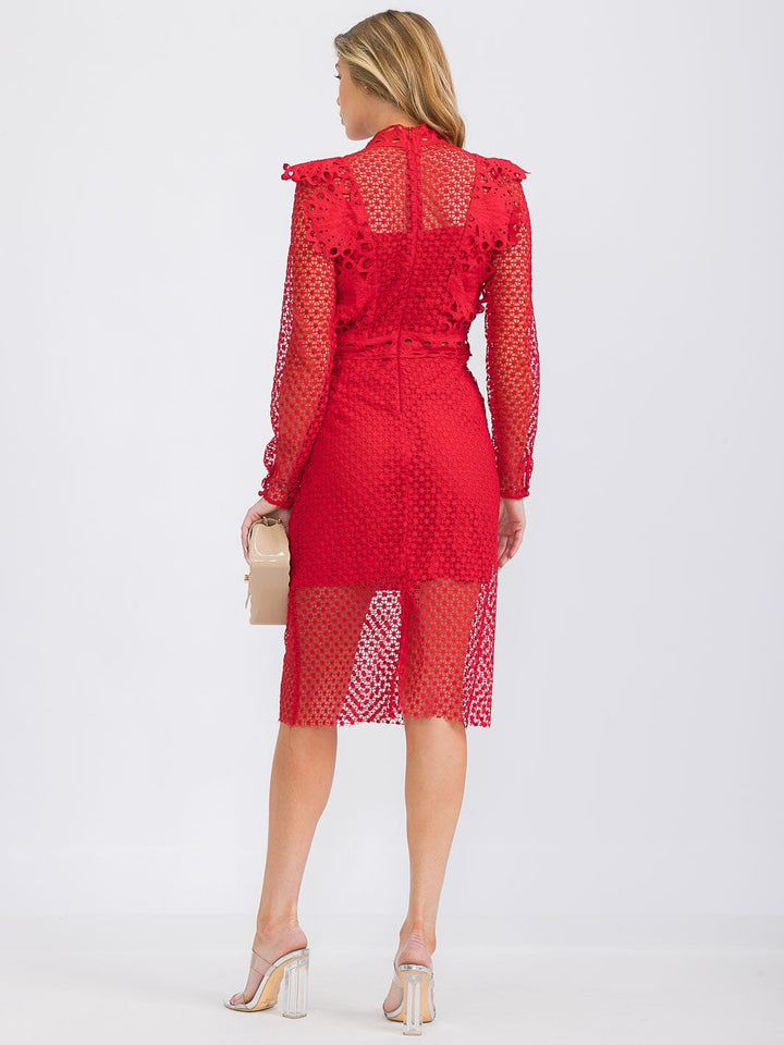 WOMEN'S LONG SLEEVE V-NECK ALL OVER LACE MIDI DRESS