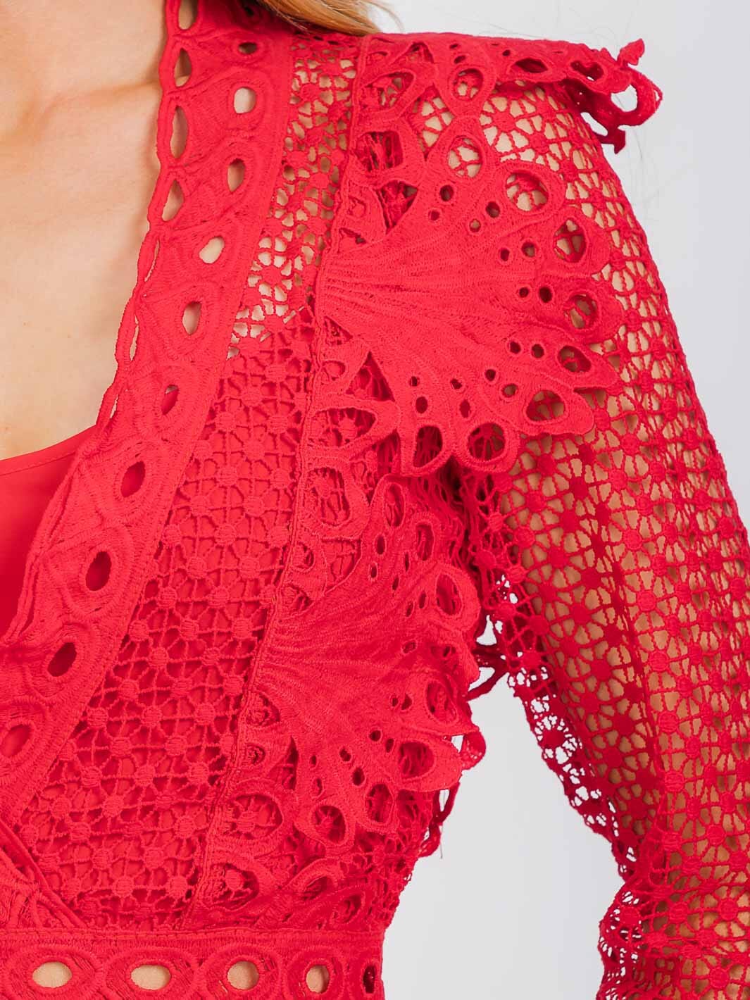 WOMEN'S LONG SLEEVE V-NECK ALL OVER LACE MIDI DRESS