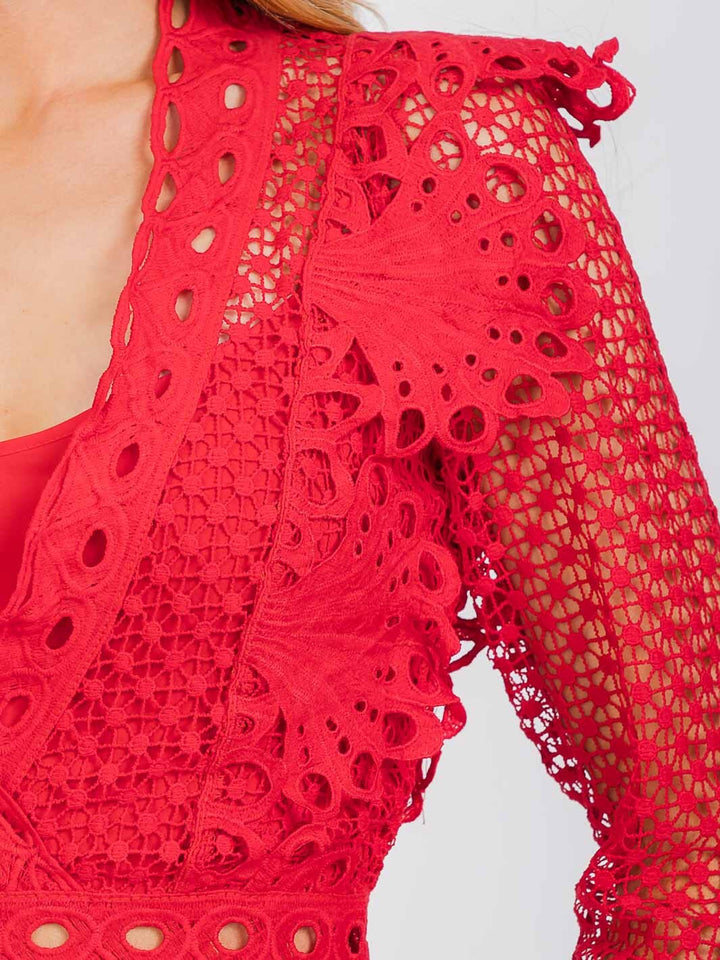 WOMEN'S LONG SLEEVE V-NECK ALL OVER LACE MIDI DRESS