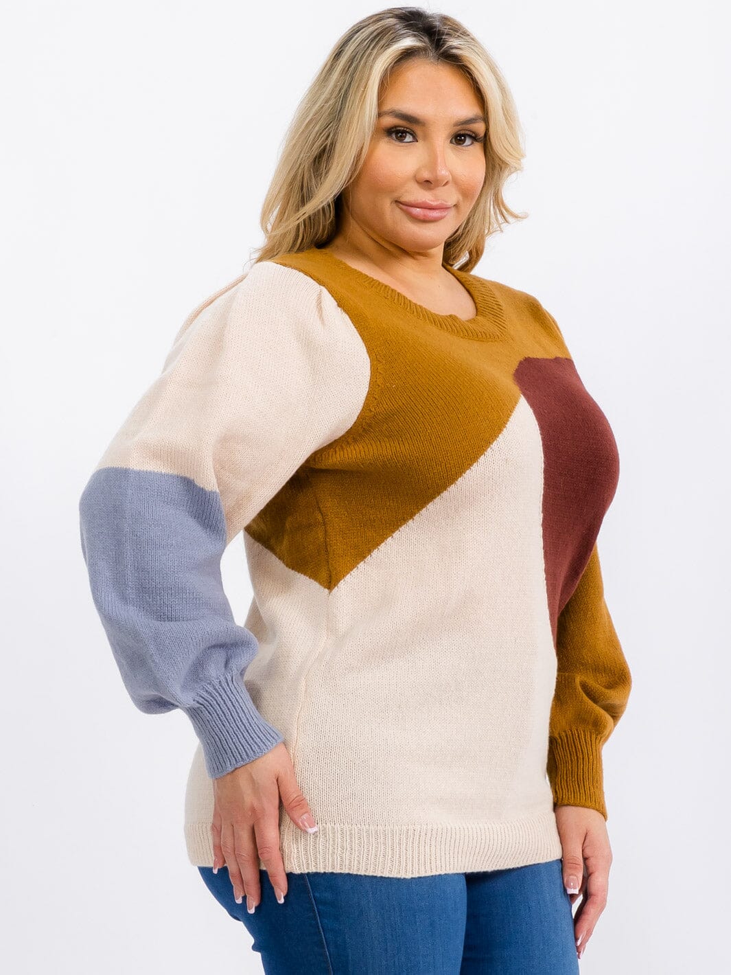 PLUS SIZE LONG SLEEVE COLORBLOCK PULLOVER SWEATER
