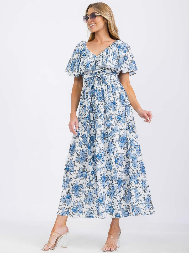WOMEN'S SHORT SLEEVE V-NECK FLORAL PRINT MAXI DRESS