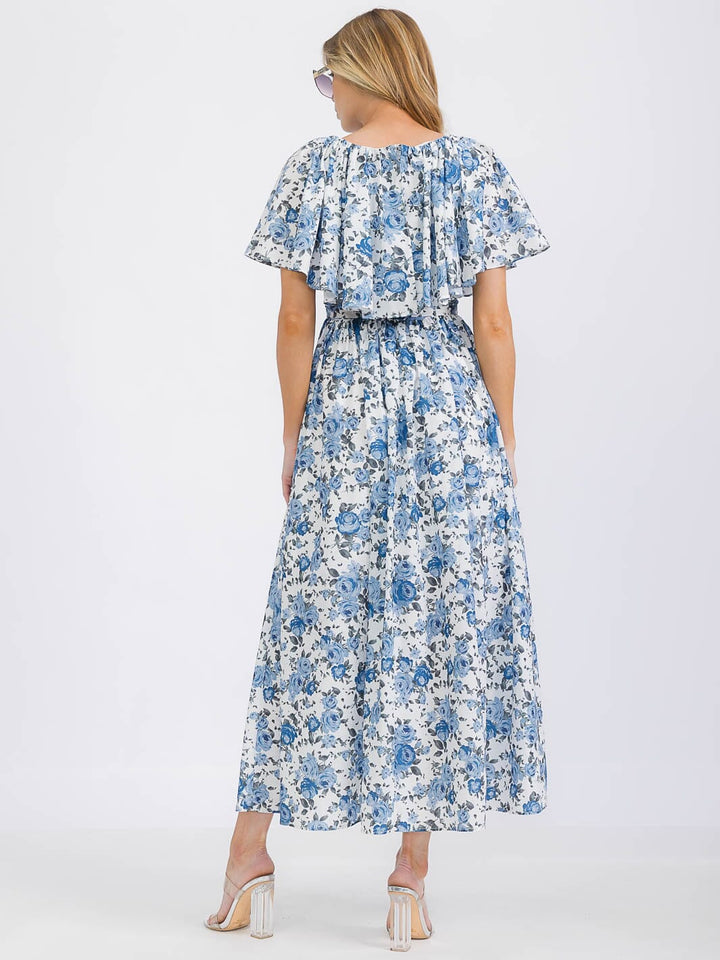 WOMEN'S SHORT SLEEVE V-NECK FLORAL PRINT MAXI DRESS