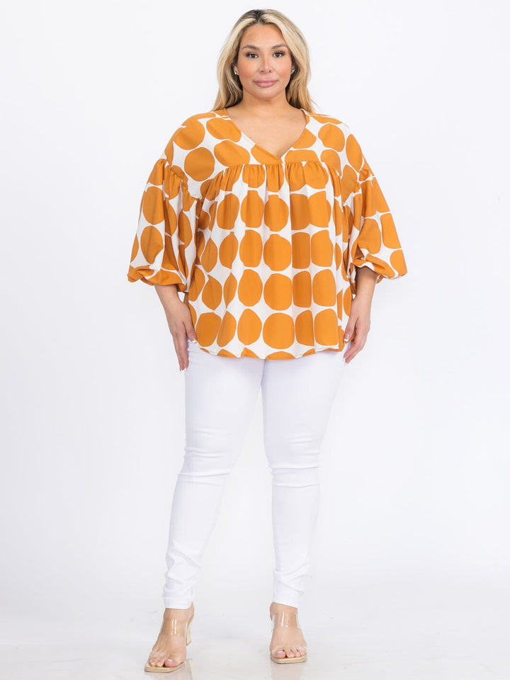 PLUS SIZE LONG SLEEVE V-NECK TUNIC PRINT BLOUSE