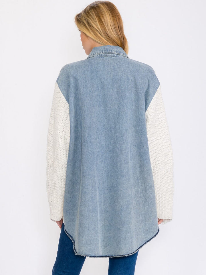 WOMEN'S LONG SLEEVE BUTTON CLOSURE FRONT POCKETS SEQUINS STAR COLORBLOCK DENIM JACKET (Copy)
