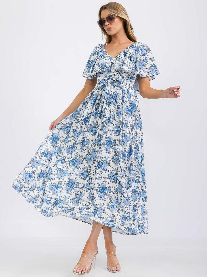 WOMEN'S SHORT SLEEVE V-NECK FLORAL PRINT MAXI DRESS