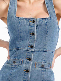 WOMEN'S SLEEVELESS BUTTON CLOSURE SQUARE NECK BODYCON DENIM MINI DRESS