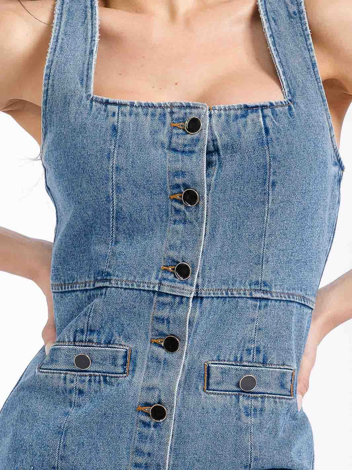 WOMEN'S SLEEVELESS BUTTON CLOSURE SQUARE NECK BODYCON DENIM MINI DRESS
