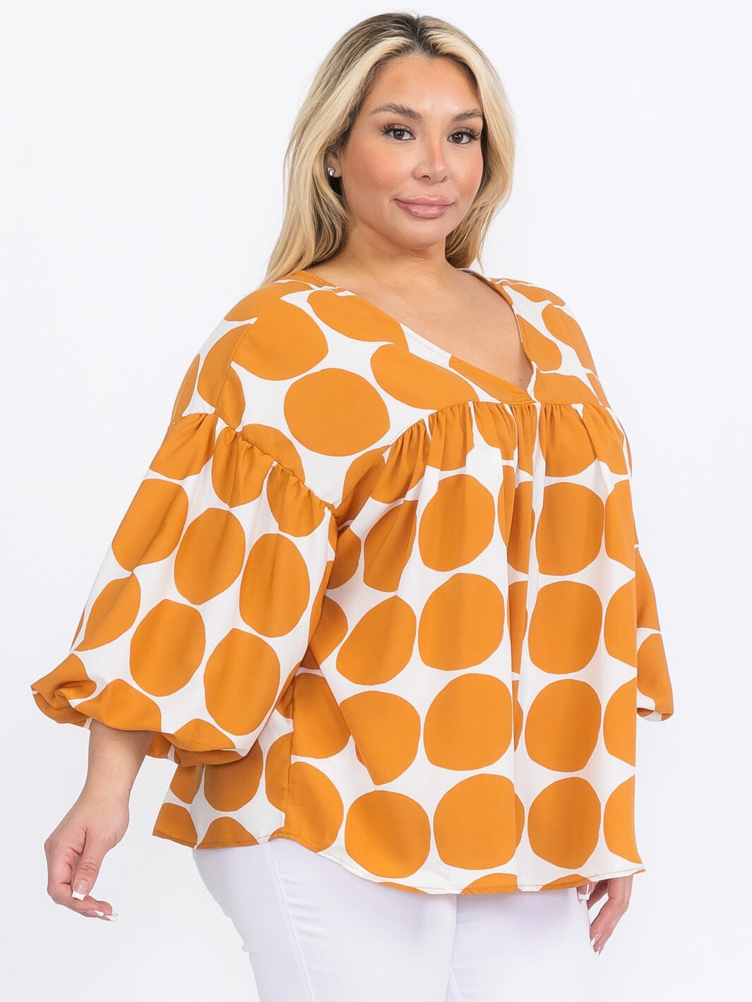 PLUS SIZE LONG SLEEVE V-NECK TUNIC PRINT BLOUSE
