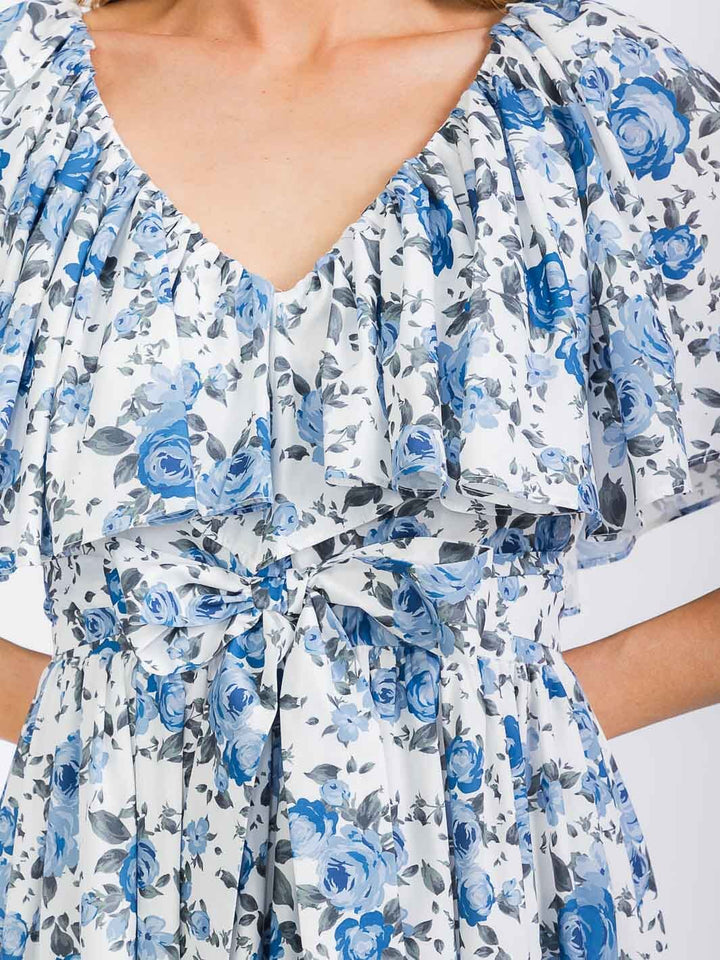 WOMEN'S SHORT SLEEVE V-NECK FLORAL PRINT MAXI DRESS