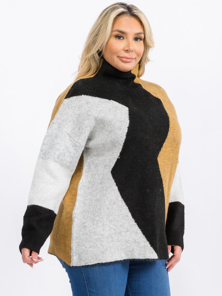 PLUS SIZE LONG SLEEVE MOCK NECK COLORBLOCK PULLOVER SWEATER