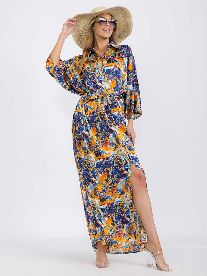 WOMEN'S 3/4 SLEEVE V-NECK BUTTON UP MULTI PRINT MAXI DRESS