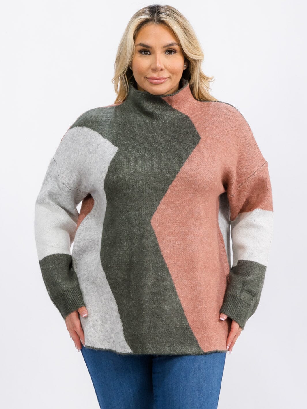 PLUS SIZE LONG SLEEVE MOCK NECK COLORBLOCK PULLOVER SWEATER
